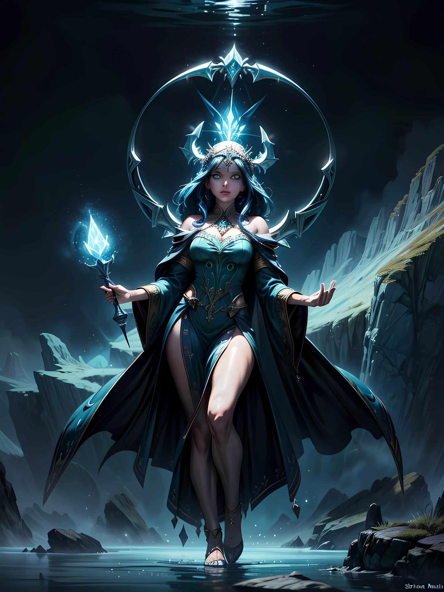 high details, best quality, 8k, [ultra detailed], masterpiece, best quality, (extremely detailed), full body, ultra wide shot, photorealistic, fantasy art, dnd art, rpg art, realistic art, an ultra wide picture of a female human (1.5 intricate details, Masterpiece, best quality) godess of water  ((watery radiant aura)), controlling a swirling streams of watery magic (1.5 intricate details, Masterpiece, best quality), manipulating purple radiant magical symbols, [[divine symbols]] (1.5 intricate details, Masterpiece, best quality), human female, blue  hair, long hair with aura, hair with green radiant eyes, intense eyes, holding a trident, ((radiant eyes)), (( green glowing eyes)), dynamic clothing, fantasy sea background, stresms of sea water,  celestial  background, ((divine worship atmosphere)), high details, best quality, highres, ultra wide angle, Ice_Cicin