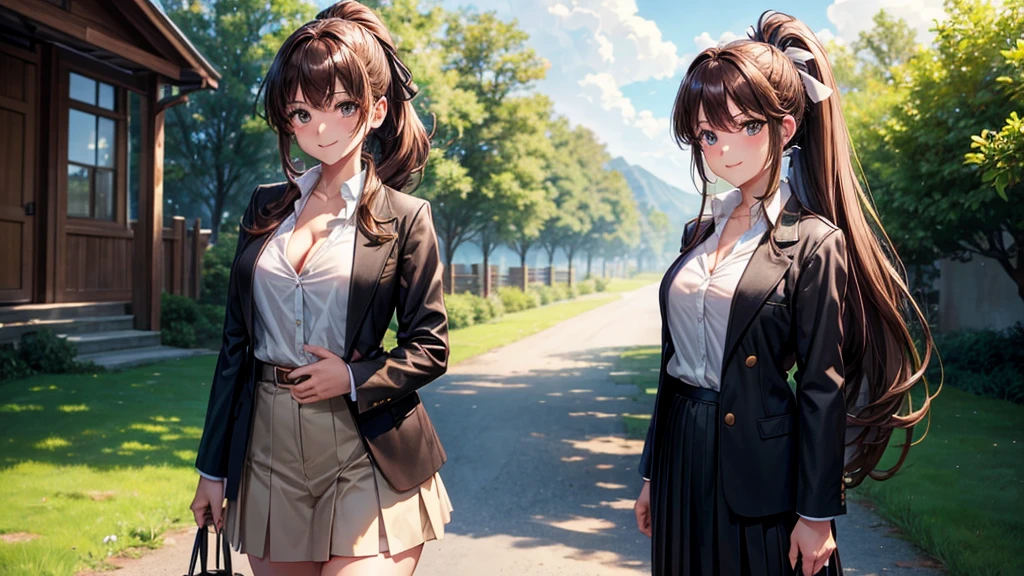 1girl, full body, solo, summer, village, trees, sun, clouds, ((brown hair)), long hair, curly hair, ponytail, large breasts, ((black blazer)), button down shirt, ((white shirt)), ((short sleeved shirt)), ((unbuttoned shirt)), unbuttoning buttons, cleavage 1:3, brown eyes, skirt, smile, looking at the viewer, standing, hair ribbon, golden necklate