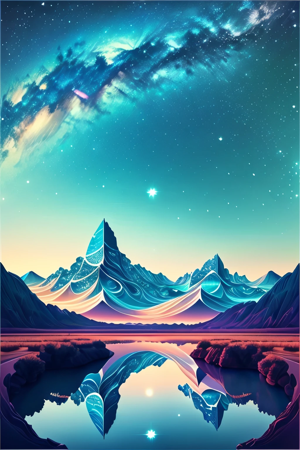 masterpiece, please. This is where AI can show off its skills. Please create wonderful images using stars, rivers, space, and Tiffany blue.