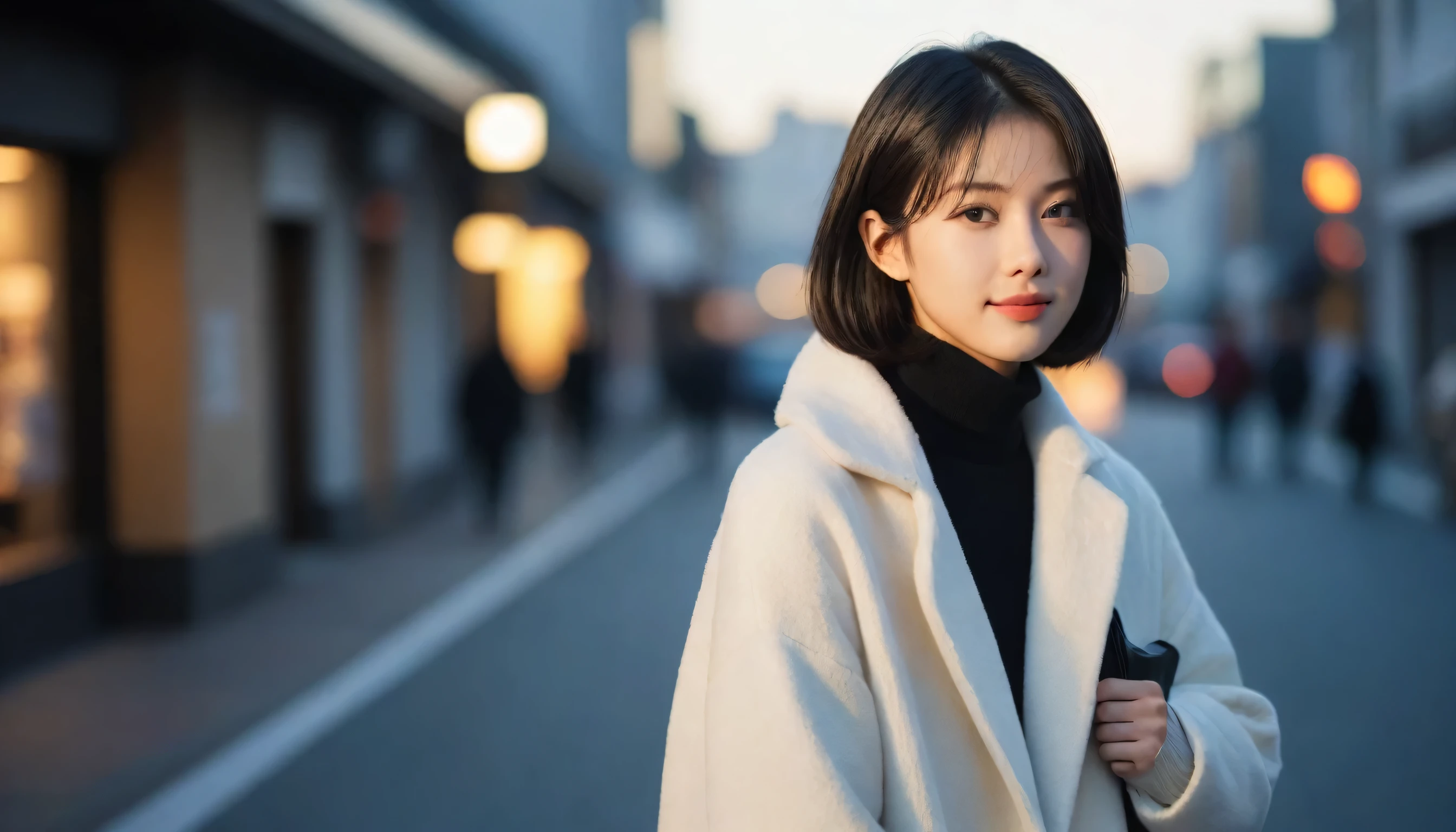8K, Ultra-high resolution, highest quality, masterpiece, Surreal, photograph, 1 girl, (16 years old:1.3), cute girl, cute face, Beautiful eyes in every detail, masterpiece, highest quality, (highest quality,masterpiece:1.3,Ultra-high resolution),(Very detailed,Caustics,8K),(Realistic:1.4,RAW shooting),At dusk,sunset,Warm Light,Backlight,Brilliant,Lens flare,street,24-years-old,cute,Japanese,Short black hair,The best smile,big ,down coat,Turtleneck sweater,Long skirt,Low position,Low - Angle,Blur the background,Natural light , (((whole body))),、super cute super model、Please look closely at the camera 、Brilliant details、detailed、Surreal、Light and shadow,Strong light,Fashion magazine cover,Thin lips