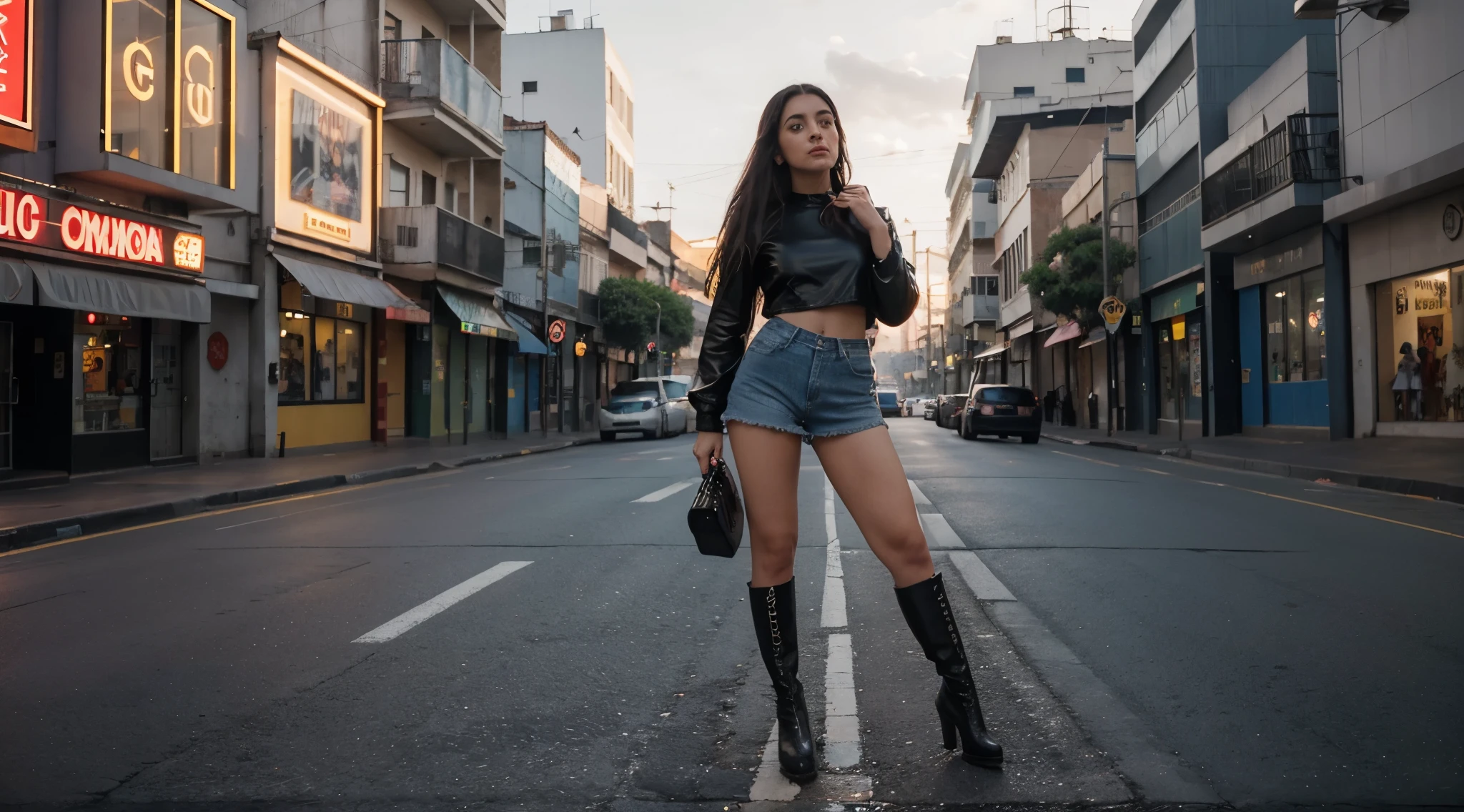 Garota loira de 19 anos, standing, ereta, standing on her feet, standingn, nua, seios nus, top menos, mamilos rosados, NSFW, muito bonita, athletic, cabelos loiros, olhos azuis, Red lips, faixa, usando short denim skirt, saia muito curta, pernas grossas, pernas bonitas, cintura estreita, abdome exposto, umbigo exposto, NSFW, botas de coxa de couro preto, saia denim curta, minissaia jeans, mini-saia, saia curta azul, cinto de couro preto, seios pequenos, mamilos rosados, pele de porcelana, The girl is wearing a black leather choker, the girl is wearing black leather boots, botas de coxa de couro preto, The girl is standing on a street in a cyberpunk city, cidade cyberpunk futurista, estilo blade runner, cena noturna, luzes da cidade, saia muito curta, micro-saia.