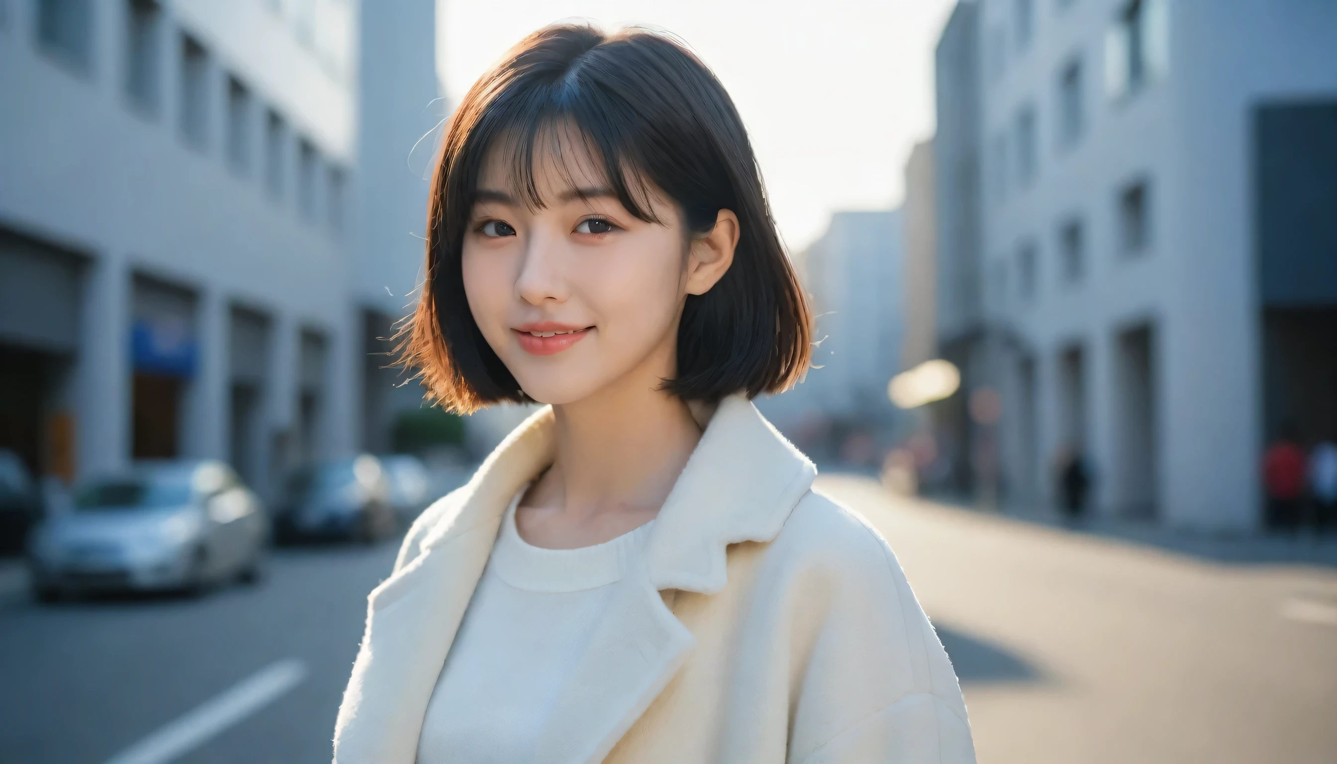 8K, Ultra-high resolution, highest quality, masterpiece, Surreal, photograph, 1 girl, (16 years old:1.3), cute girl, cute face, Beautiful eyes in every detail, masterpiece, highest quality, (highest quality,masterpiece:1.3,Ultra-high resolution),(Very detailed,Caustics,8K),(Realistic:1.4,RAW shooting),At dusk,sunset,Warm Light,Backlight,Brilliant,Lens flare,street,24-years-old,cute,Japanese,Short black hair,The best smile,big ,down coat,Turtleneck sweater,Long skirt,Low position,Low - Angle,Blur the background,Natural light , (((whole body))),、super cute super model、Please look closely at the camera 、Brilliant details、detailed、Surreal、Light and shadow,Strong light,Fashion magazine cover,Thin lips