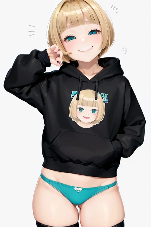 Blonde hair, short mash hair, turquoise eyes,A girl with impressive blonde hair、hair ornaments、short bob、hot pants、smile、dynamic pose, plain white hoodie, black shorts, black sneakers, mocking smile