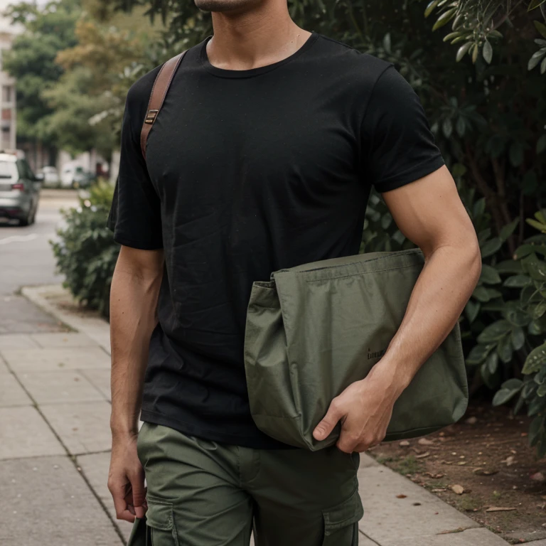 Man wearing half black t shirt,olive green cargo,olive green shows,holding bag by one arm on back while walking