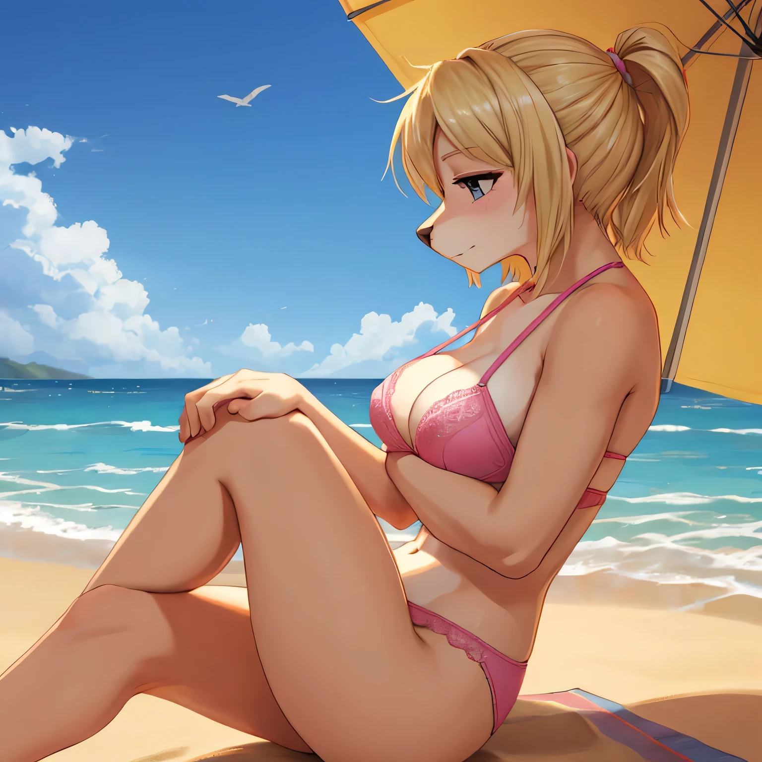 Furry girl in the beach, Short shag blonde hair, wearing pink bra, side view. Nice size breast. Arm crossed pose