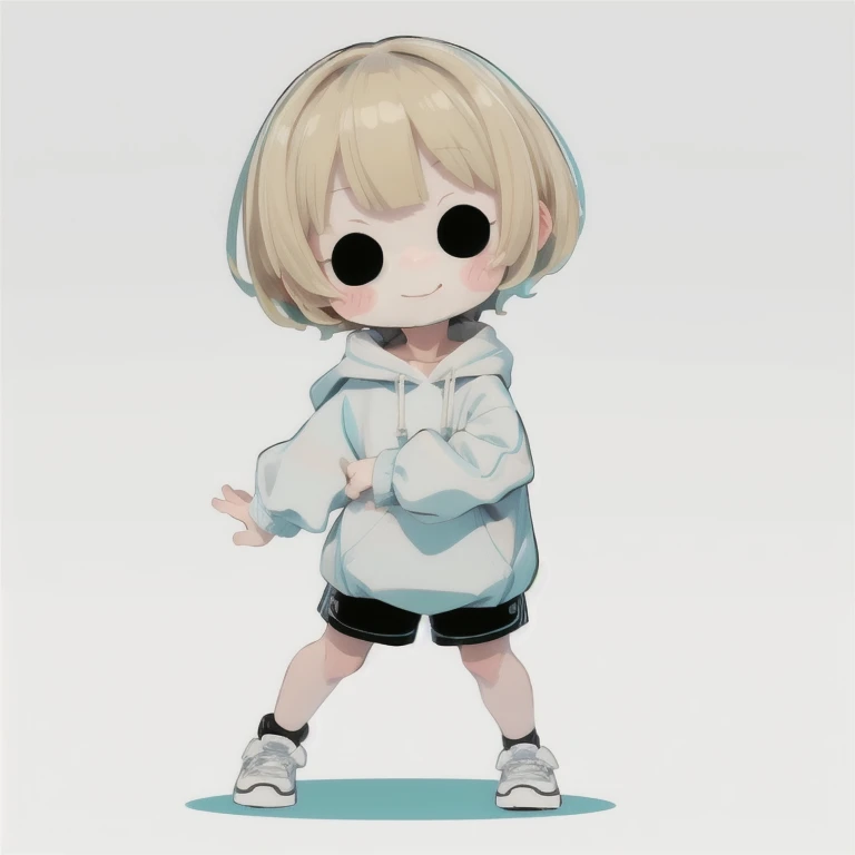 1girl, (chibi:1.4), smile, closed mouth, dynamic angle, standing, ,Blonde hair, short mash hair, turquoise eyes, plain white hoodie, black shorts, black sneakers