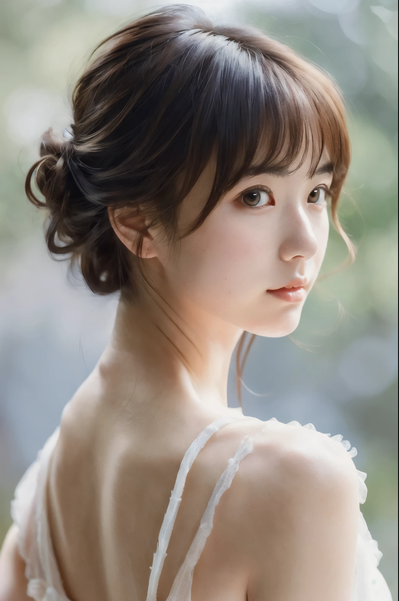 (ultra-detailed CG artwork), (photorealistic), (Japanese woman), (23 years old), (beautiful and cute appearance), 1girl, solo, portrait, gentle expression, friendly personality, hairstyle updo, bangs swept to the right, standing, soft natural lighting, serene background,