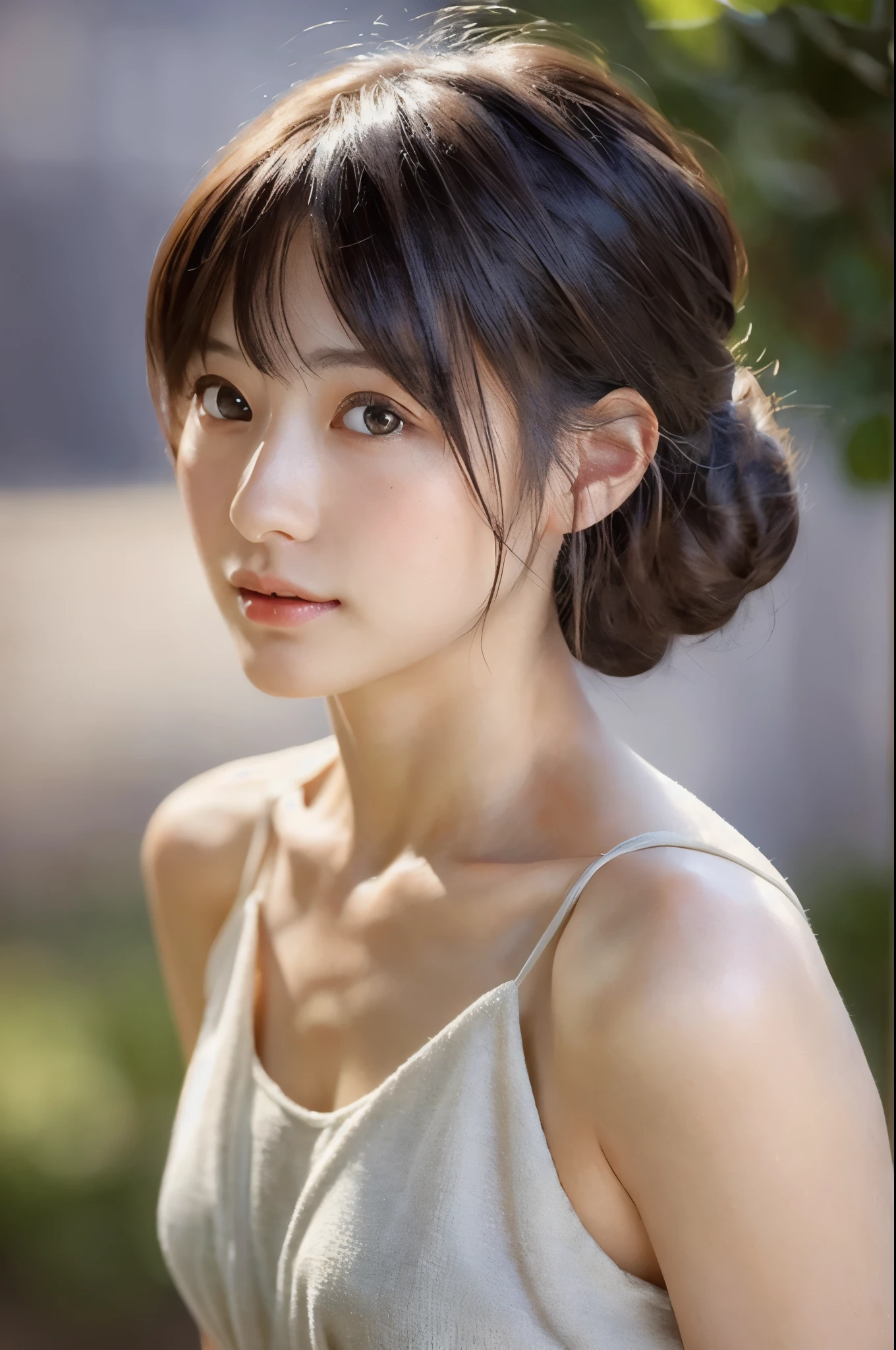(ultra-detailed CG artwork), (photorealistic), (Japanese woman), (23 years old), (beautiful and cute appearance), 1girl, solo, portrait, gentle expression, friendly personality, hairstyle updo, bangs swept to the right, standing, soft natural lighting, serene background,