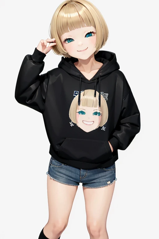 Blonde hair, short mash hair, turquoise eyes,A girl with impressive blonde hair、hair ornaments、short bob、hot pants、smile、dynamic pose, plain white hoodie, black shorts, black sneakers, mocking smile