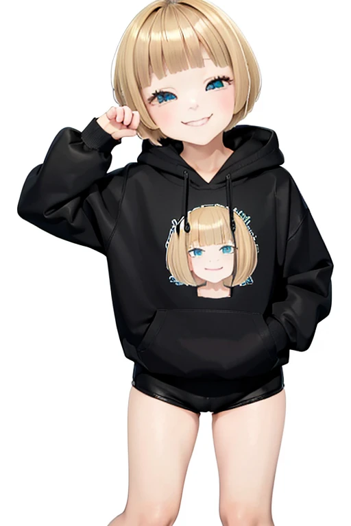 Blonde hair, short mash hair, turquoise eyes,A girl with impressive blonde hair、hair ornaments、short bob、hot pants、smile、dynamic pose, plain white hoodie, black shorts, black sneakers, mocking smile