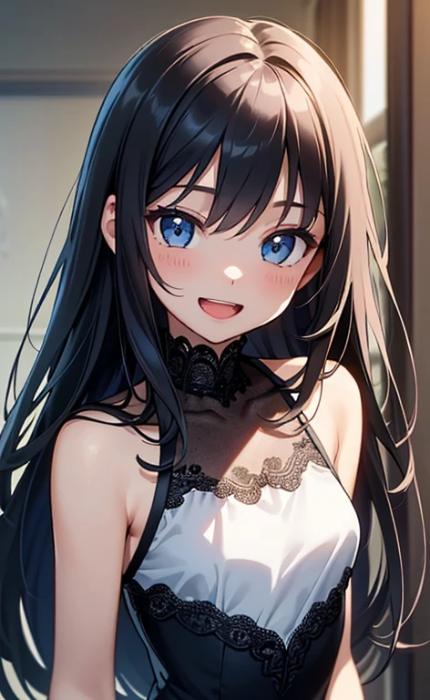 (masterpiece:1.4、top-quality、illustration:1.4,realistic、)、(character focus、breast focus,upper body:1.3)、(1girl),(Open mouth happy smile:1.3),(cute),cute face,blue eyes、(cute)、
,(stand:1.4),(black long hair),
,(slender),lace dress:1.3),
(),(), (small breasts:1.3)、
、slender、
