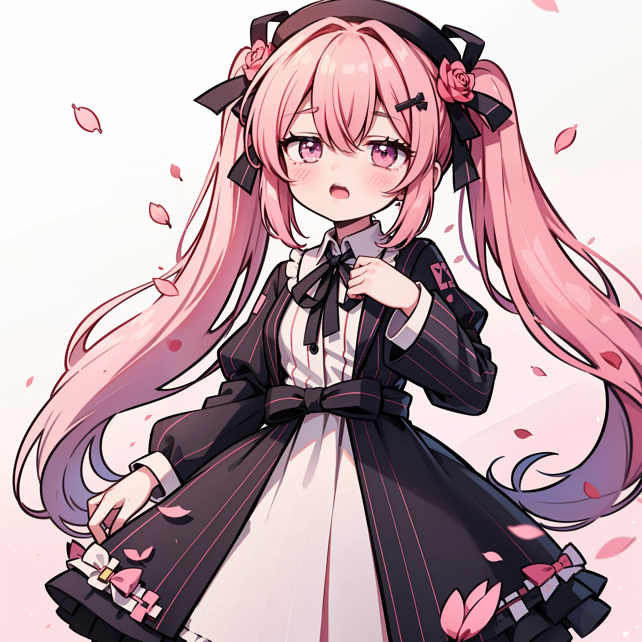 petals, rating:safe, striped, pink_hair, pink_eyes, cherry_blossoms, vertical_stripes, solo, twintails, falling_petals, sakura_miku, long_hair, 1girl, vertical-striped_dress, long_sleeves, looking_at_viewer, open_mouth, flower, blush, eyebrows_visible_through_hair, dress, striped_background, very_long_hair, hat, ribbon, hair_ornament, bangs, alternate_costume, shiny_hair, hair_ribbon, hair_between_eyes, hair_flower, striped_bow, juliet_sleeves, striped_dress, rose_petals, pink_ribbon, shiny, puffy_sleeves, bow, striped_neckwear, pink_skirt, striped_ribbon, alternate_hairstyle, gradient_hair, pinstripe_pattern, cowboy_shot, hatsune_miku, sidelocks, black_ribbon, shirt