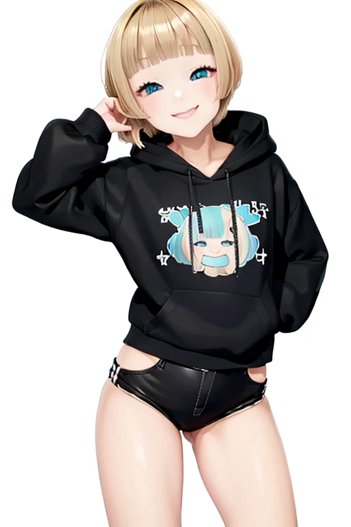 Blonde hair, short mash hair, turquoise eyes,A girl with impressive blonde hair、hair ornaments、short bob、hot pants、smile、dynamic pose, plain white hoodie, black shorts, black sneakers, mocking smile