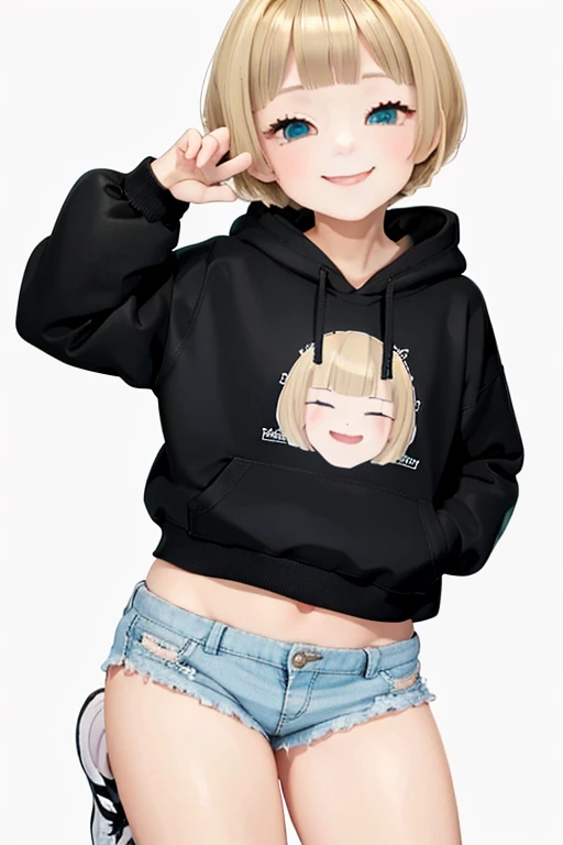 Blonde hair, short mash hair, turquoise eyes,A girl with impressive blonde hair、hair ornaments、short bob、hot pants、smile、dynamic pose, plain white hoodie, black shorts, black sneakers, mocking smile