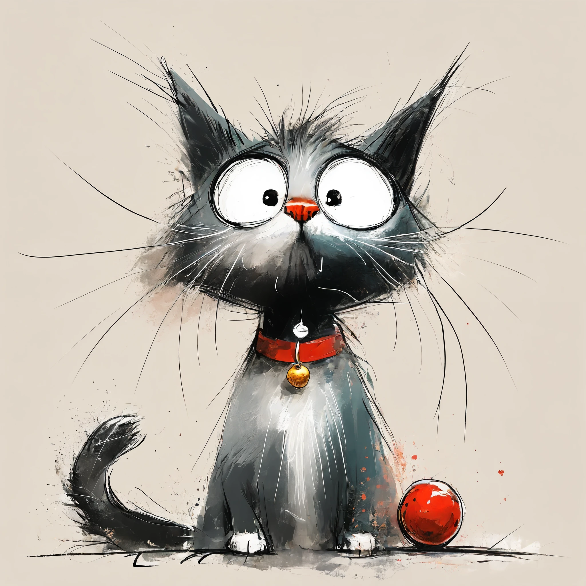 A cute picture of a cat in the garden with a striking color painting。Very detailed。,  8k,   sharp,  Professional, clear,   High Contrast, crystal clear、Two meatballs、red collar with a bell