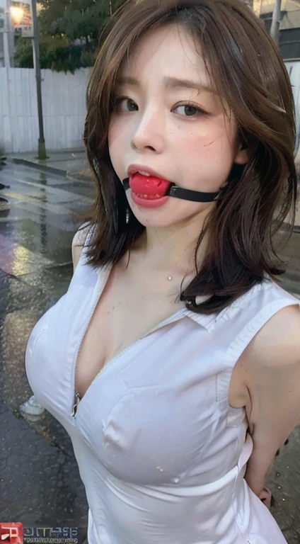 ((Best Quality, 8K, Masterpiece:1.3)), Focus: 1.2, Perfect Body Beauty: 1.4, Buttocks: 1.2, ((Layered Haircut, Breasts: 1.2)), (Wet Clothes: 1.1), (Rain, Street:1.3), Bandeau Dress: 1.1, Highly Detailed Face and Skin Texture, Fine Eyes, Double Eyelids, Whitening Skin, Long Hair, (Shut Up: 1.3), Smile, ballgag XL