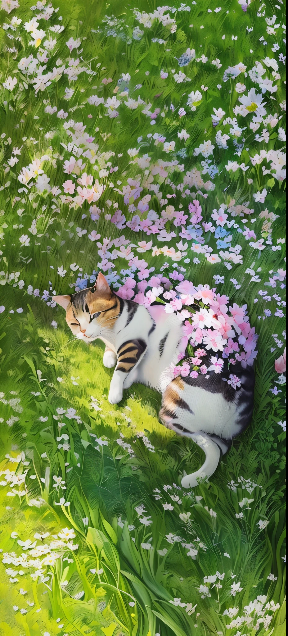 there is a cat laying in the grass There are flowers on it, covered with flowers, Cherry blossom petals surround her, covered There are flowers, Lying on roses, lying on a bed of daisies, Flower Package, Petals falling everywhere, In a field of flowers, Flowers grew in his body, The non-dual god of spring, There are flowers