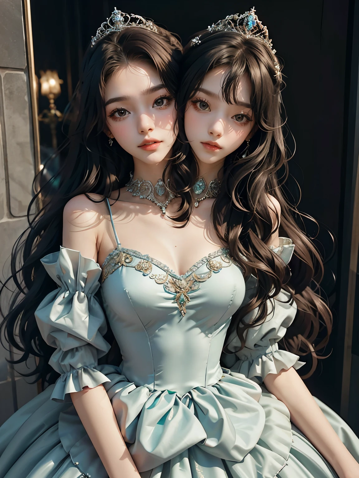bestresolution, (2heads:1.2), princesses, tiaras on head, ballgown, princess dress, large dress,