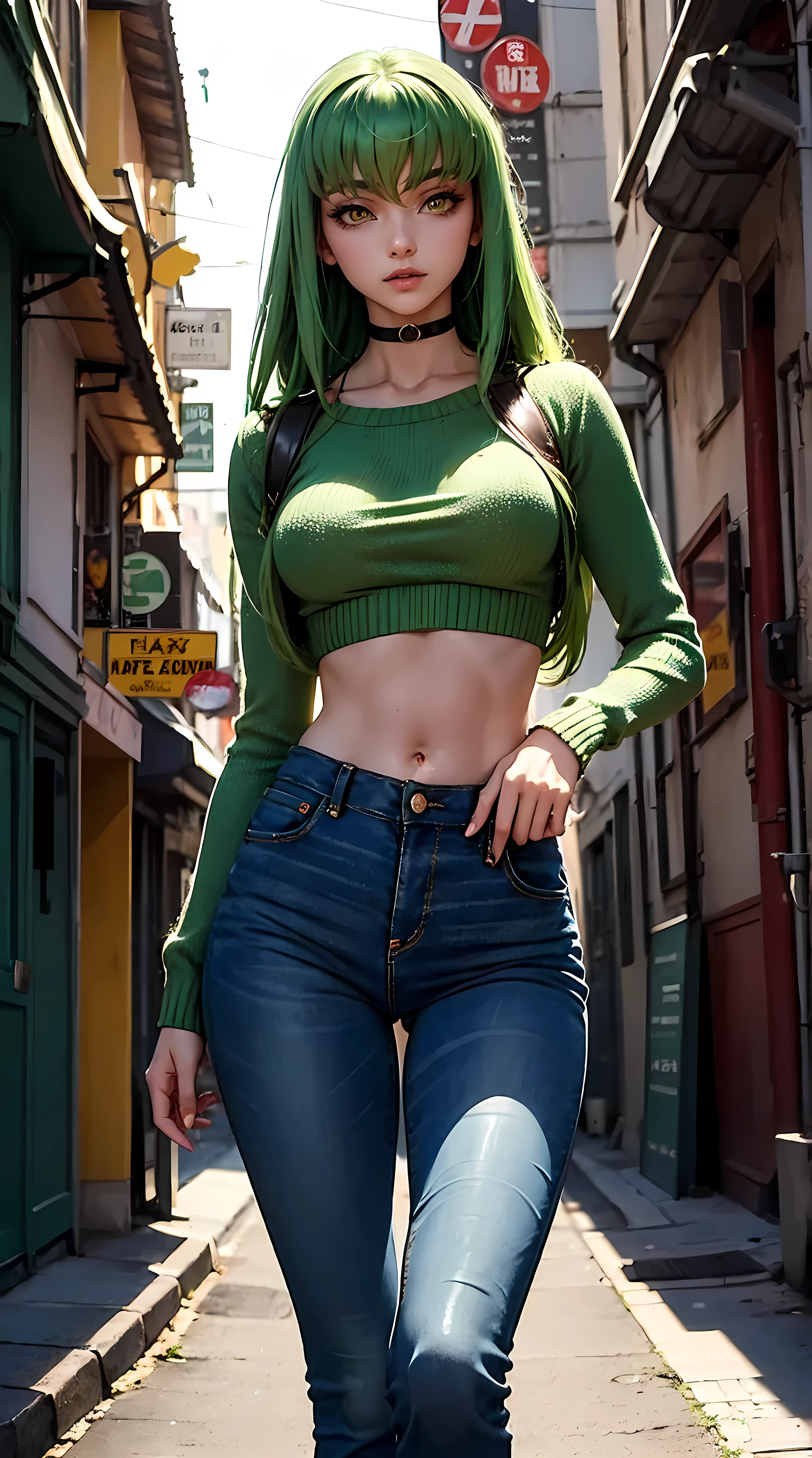 Beautiful green hair woman is shown to have a slender figure, she is wearing a nsfw crop sweater and jeans, choker, happy look, yellow eyes, girl walking down a street ,sexy session, sexy pose, cowboy shot, superior quality, many details, realistic