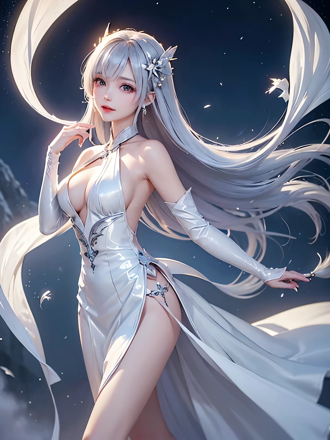 ((alone、A woman wearing a long halter dress、Elegant woman posing:1.4、Detailed face、Bright expression、Younger, brighter, whiter skin、Best Looks、The ultimate beauty、Silver hair with dazzling highlights、Shiny bright hair,、arranged hairstyle:1.2、髪がWindで踊る、A little bit of sideboob is visible))(night、Wind、nightのロンドン、幻想的なWind景、Particles of light、White Dust、Dust flutters)