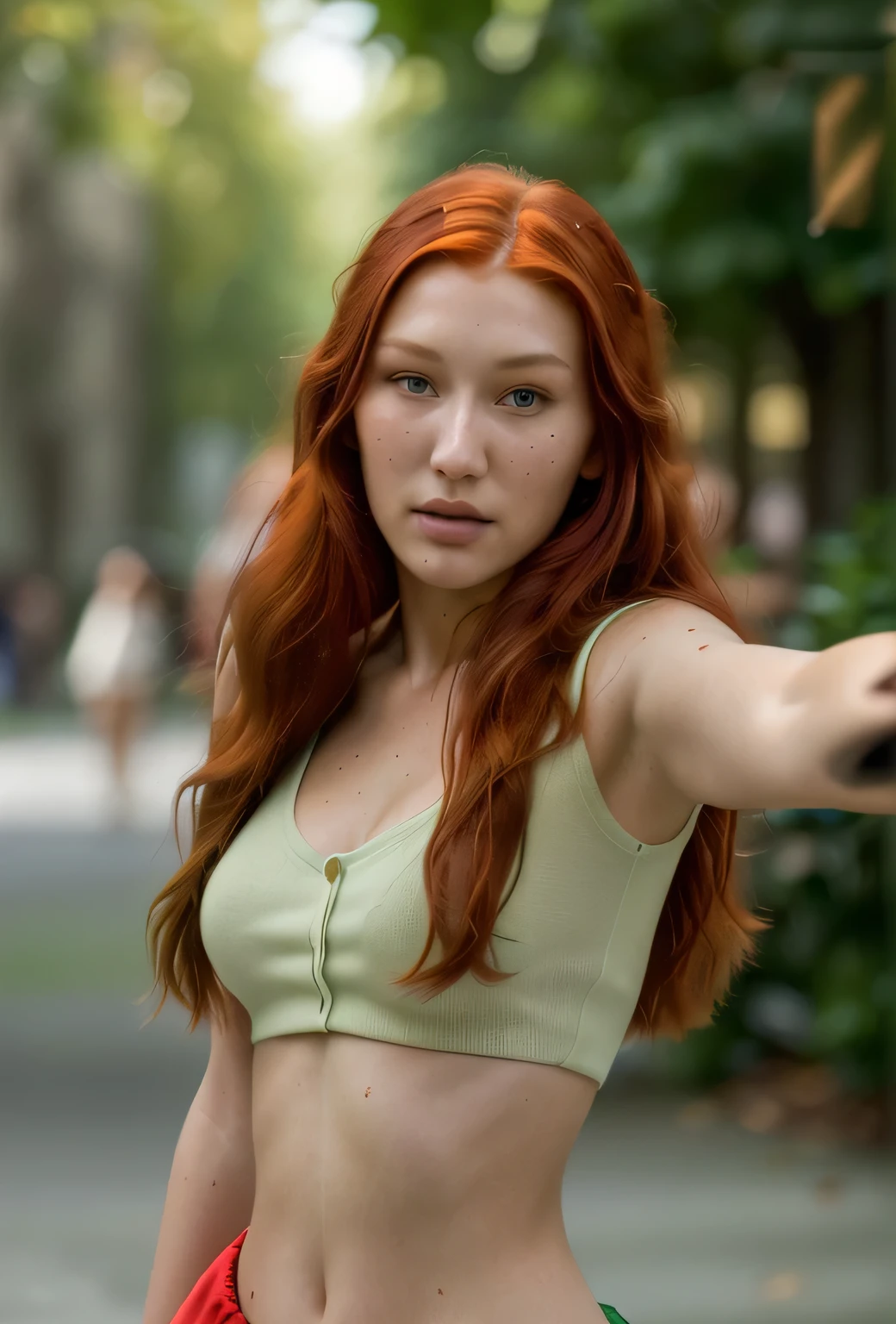 (bella hadid:1.1),beautiful detailed face,long red hair,long red-haired girl with green eyes,realistic photo,highres,ultra-detailed,photorealistic,vivid colors,bokeh,concept artists, natural photo, everyday life, selfie arm holding the lens, everyday outfit