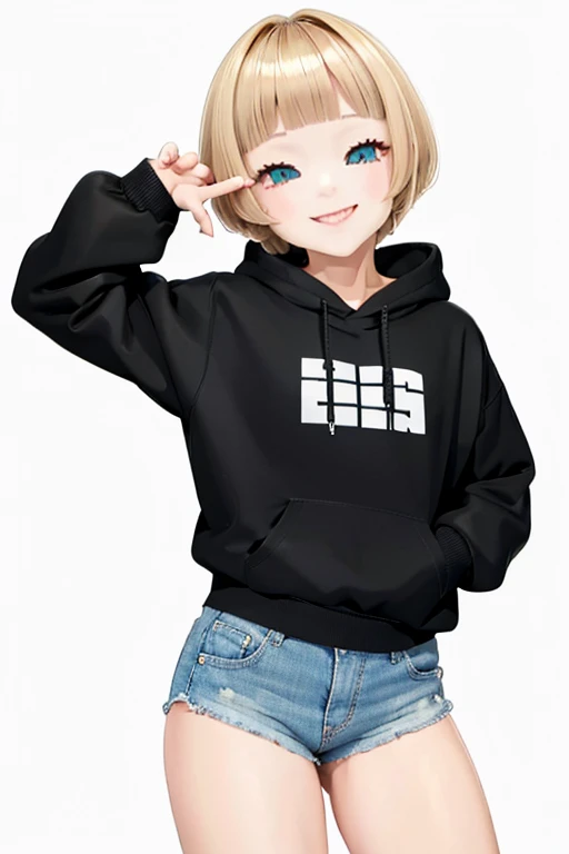 Blonde hair, short mash hair, turquoise eyes,A girl with impressive blonde hair、hair ornaments、short bob、hot pants、smile、dynamic pose, plain white hoodie, black shorts, black sneakers, mocking smile