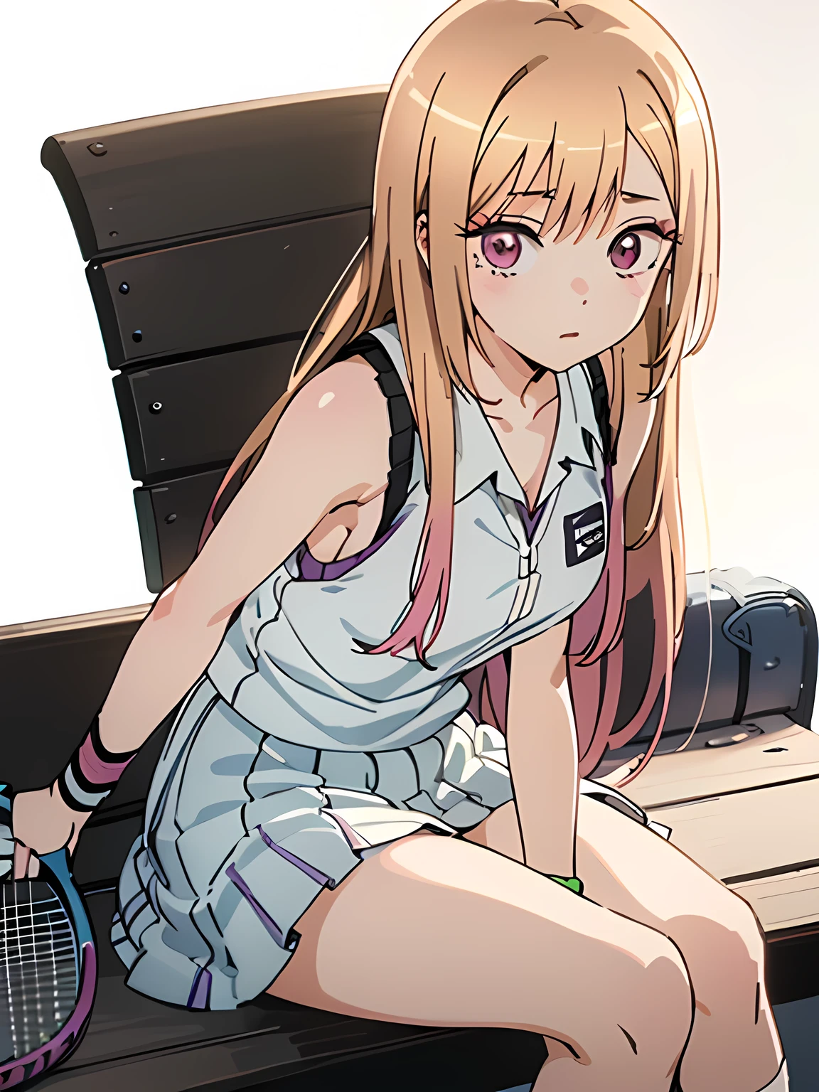 (anime girl sitting on a bench:1.4), (body tilted:1.3), unity 8k wallpaper, ((anatomically correct)), (((masterpiece))), (((best quality))), (((ultra detailed))), (((high-resolution))), ((super fine illustration)), detailed beautiful face, 1 girl, 18 years old, shiny hair, ((super cute)), (long hair:1.3), break,(holding a Beautiful tennis racket with one hand:1.3), break, (sleeveless sportswear), (wrist band), (wearing a white sports wear with purple and pink design:1.4), skirt, dynamic angle, (head to thigh view:1.3), (looking at viewers:1.4), (white background:1.4)