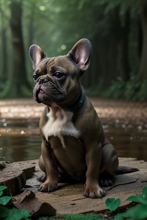 (masterpiece, best quality), photo of a french bulldog, realistic, beautiful, forest, fairy, bokeh, stream, vibrant lighting