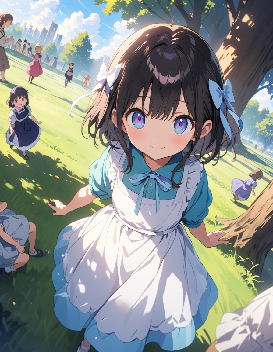 masterpiece, highest quality, ((anime)), 4K,8k,anime style, super fine illustration, highly detailed, dynamic angle, beautiful detailed, 8k, In the park during the day, there's an expansive lawn and tall trees. Children run around, playing with smiles on their faces. Nearby, adults lie down, smiling as they watch over the children,(highest quality、masterpiece、High resolution、detailed)、animeスタイル、Flat Style、(Beautiful Eyes, Delicate and beautiful face, ),   BREAK,、extremely detailed、High saturation,Dynamic Angle、anime