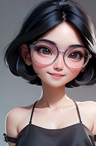 (masterpiece), (8k, best quality, high resolution), (ultra-detailed, realistic), (anatomically correct),
((Portrait)), (Standing), (No background),
(1woman), (looking at viewer),
(A Japanese woman, 30 years old and 155cm tall.),
(black hair), (straight hair), (short hair style), (bob cut), (hair behind ears),
((she wears glasses with black cell-frame frames)),
((Simple design navy blue mini length spaghetti strap dress)),
(Create a detailed image of the eye),
(Her impression is pure, clean and kind.),
((A captivating smile, just showing a few teeth.)),