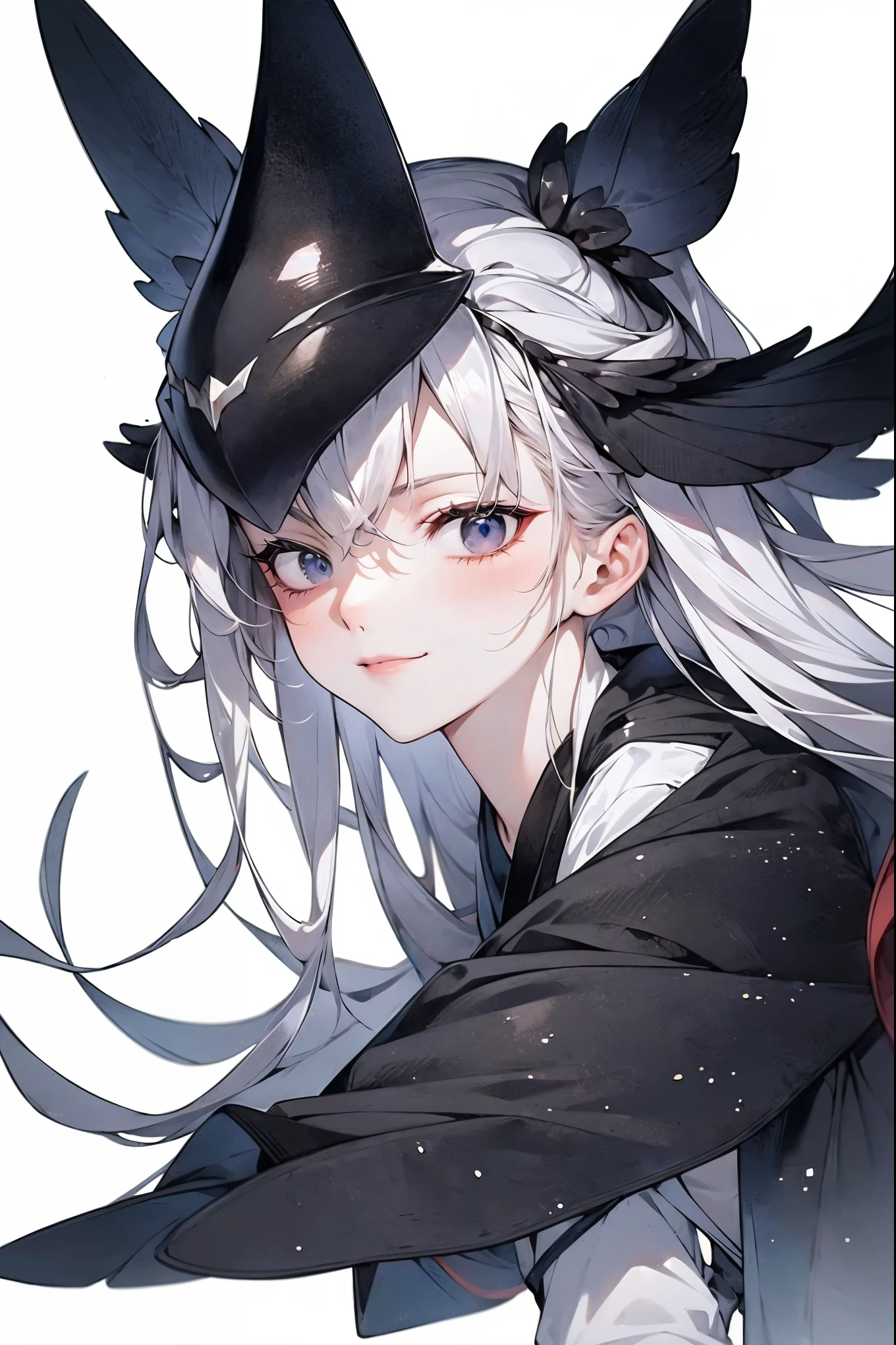 (masterpiece)，(Highest quality)，(Best details)，(High Definition)，(Beautiful works)，(Full body picture)，Chinese fantasy style，1girl,((white hair))，Black eyes，((White clothes))，(((Villain image))),((Beautiful clear eyes)),(Sinister smile),((Simple plain white background))