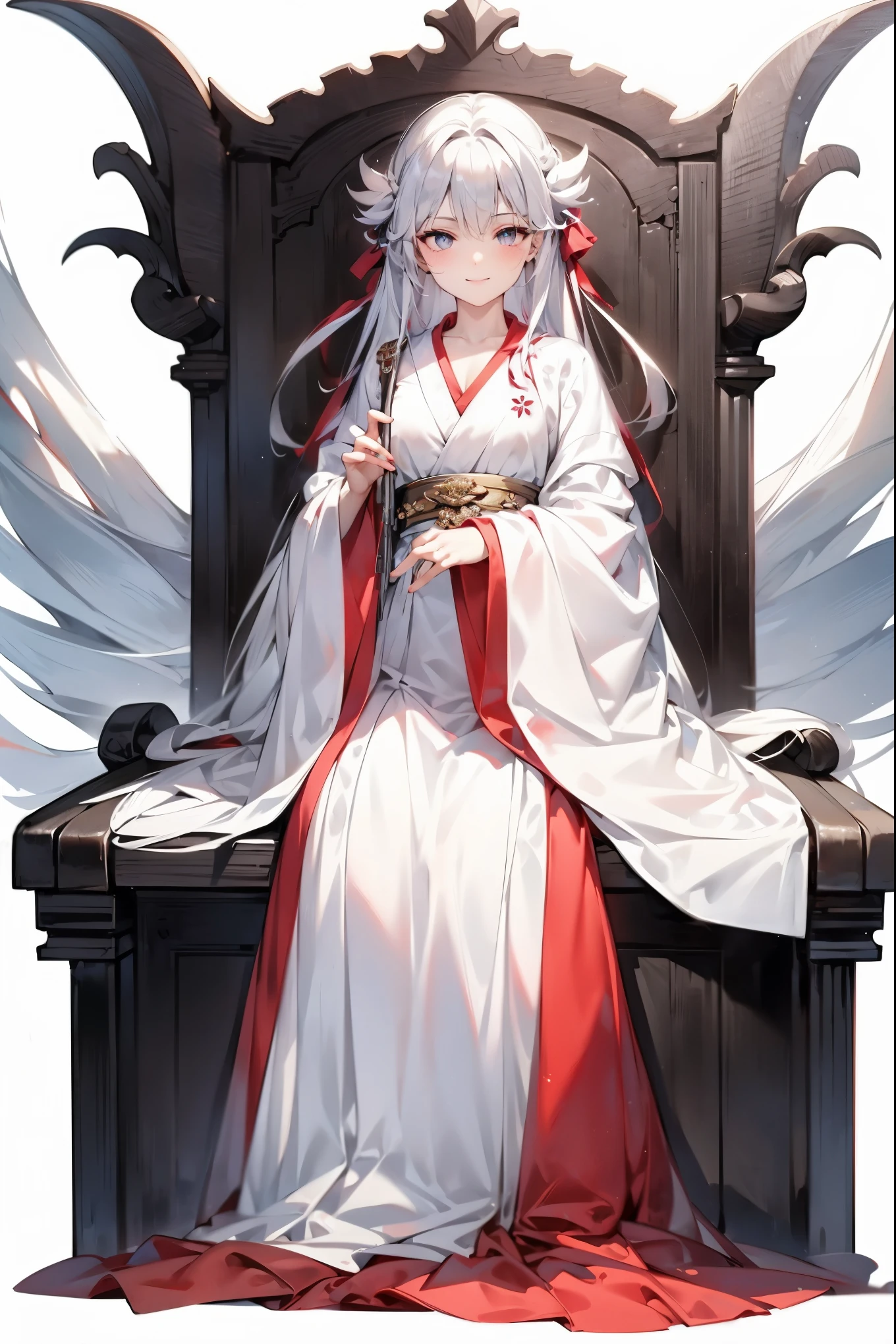 (masterpiece)，(Highest quality)，(Best details)，(High Definition)，(Beautiful works)，(Full body picture)，Chinese fantasy style，1girl,((white hair))，Black eyes，((White clothes))，(((Villain image))),((Beautiful clear eyes)),(Sinister smile),((Simple plain white background))