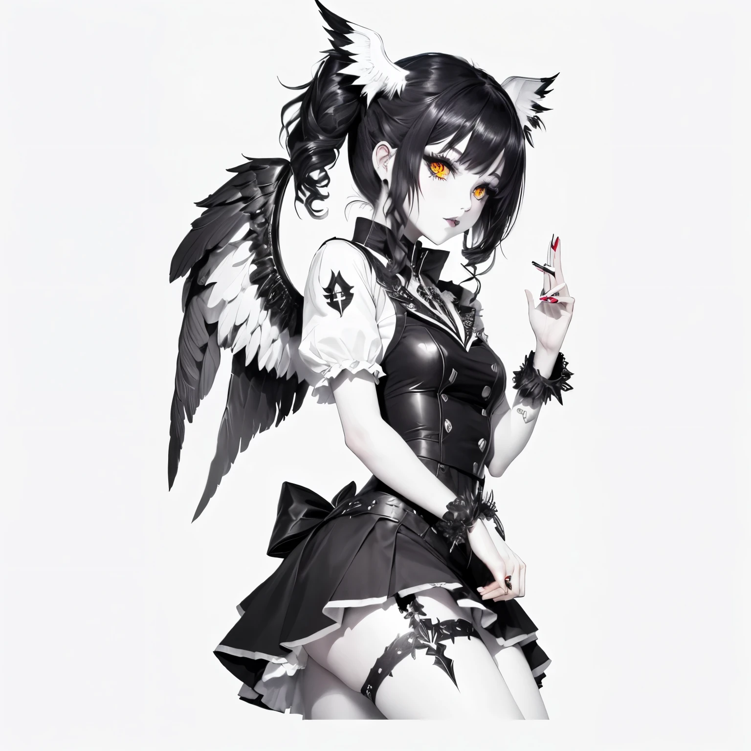 black and white drawing girl goth demon ferry black wings 20 old