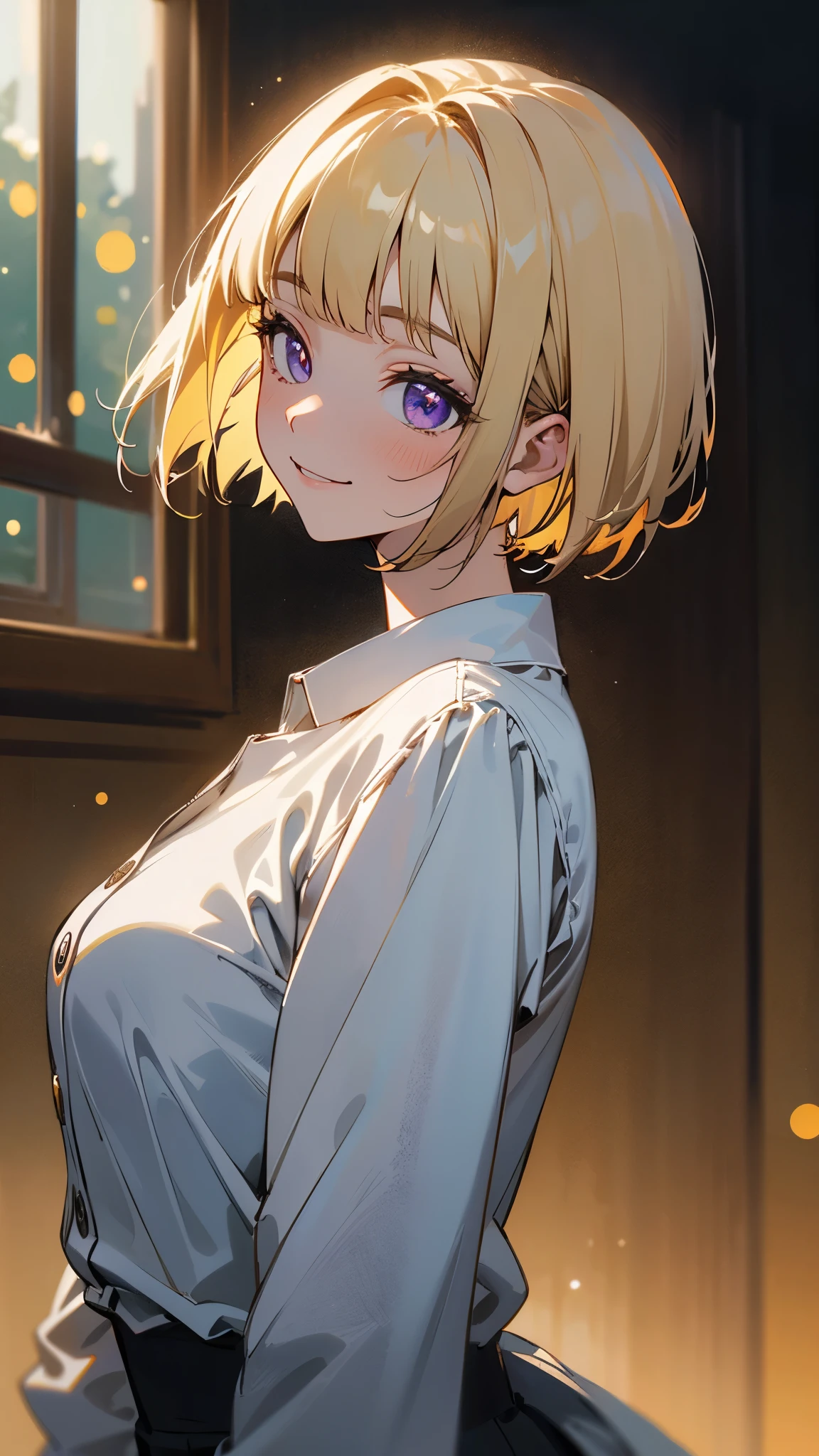 masterpiece、highest quality、High resolution、Anime-style paintings、One Girl、alone、(blonde)、short hair、Bobcut、Blunt bangs、Beautiful purple eyes、smile、smile、From the side、Slender body、White long sleeve jacket、Upper body close-up、 (Out of the window: 1.1), (exterior: 1.1), From one third , Shining summer sunshine, (The depth of the drawn boundaries, Blurred Background, Bokeh: 1.2)