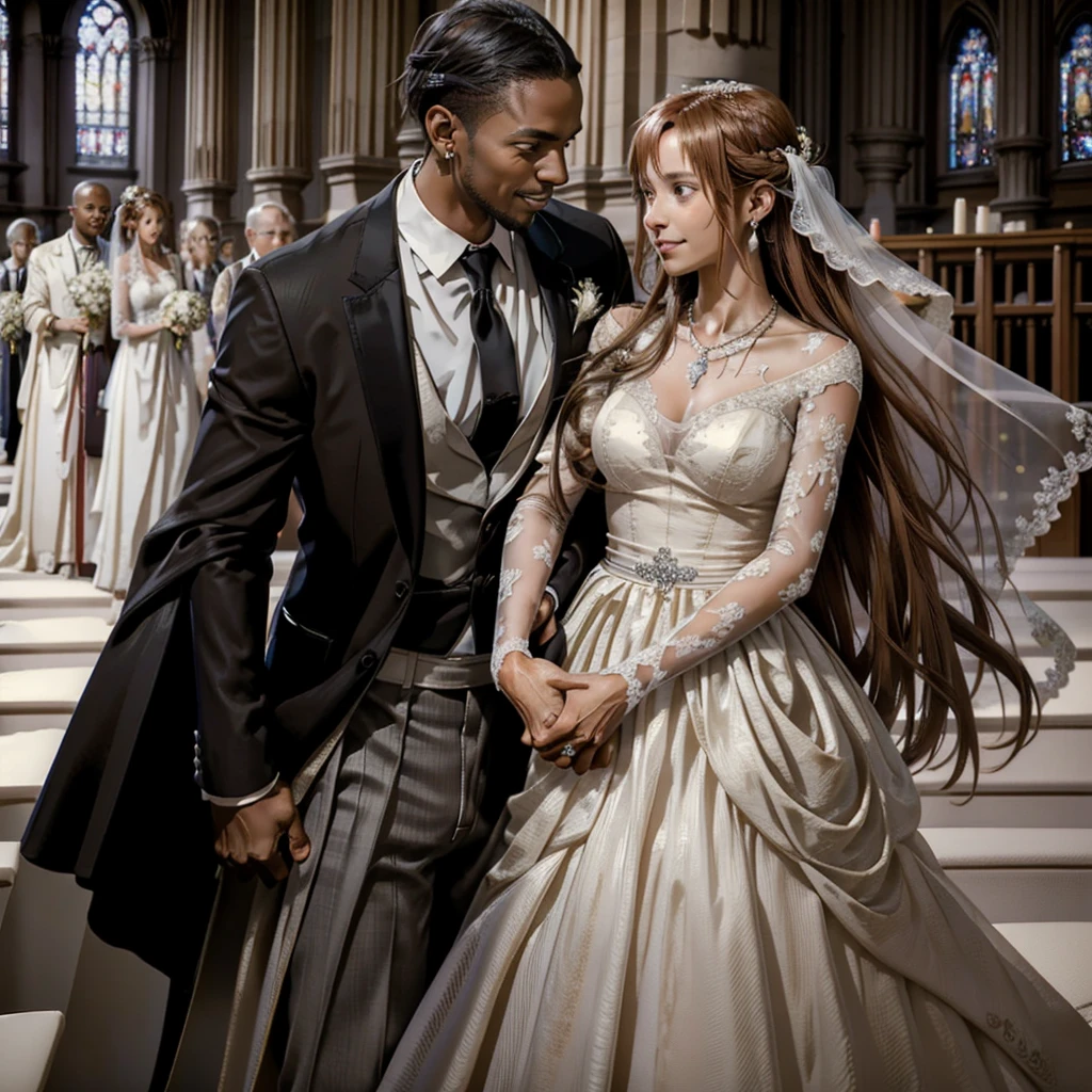 ((highest quality)), ((masterpiece)), Perfect Face、((Yuuki Asuna))、Brown Hair、（Black man and woman getting married）、The woman is wearing a gorgeous white wedding dress and a veil.、The man is in a tuxedo、（Black men have dark skin and strong bodies）、Woman has happy expression、Black man hugs woman、The woman is wearing earrings and a necklace、Man and woman engagement rings、A man and a woman walk arm in arm down the aisle at a wedding、Wedding in church、A woman holds a gorgeous bouquet