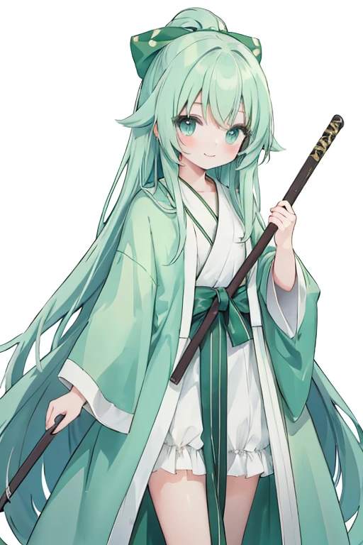 Cute Girl,Green Hair,Dark blue eyes,Very long straight hair,Robe,smile,Holding a cane in your hand,Looking at the Viewer,White background