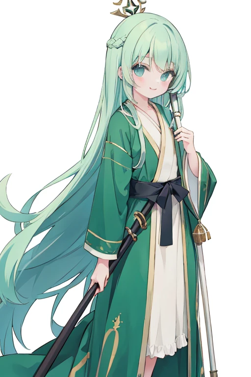Cute Girl,Green Hair,Dark blue eyes,Very long straight hair,Robe,smile,Holding a cane in your hand,Looking at the Viewer,White background