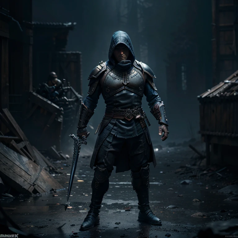 A (full body:1.3) shot at 8k resolution, splash art, fantastic comic book style, photorealistic, intense look, anatomical photorealistic digital painting portrait of a (middle age male:1.3) human (warrior:1.3) in blue grey Assassin's creed hood with hidden face in a (dark and moody universe:1.3), light particle, very detailed skin,samurai, very detailed eyes, (elden ring style:1.1), (warhammer style:1.4), concept artist, global illumination, depth of field, splash art, art by artgerm and greg rutkowski and viktoria gavrilenko