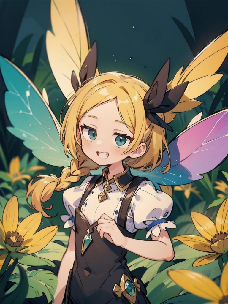 fantasy art, flying fairy girl, wearing fairy wings, blond hair, braid hair, grin, from front, vivid clolor, high-saturation, best-quarity,