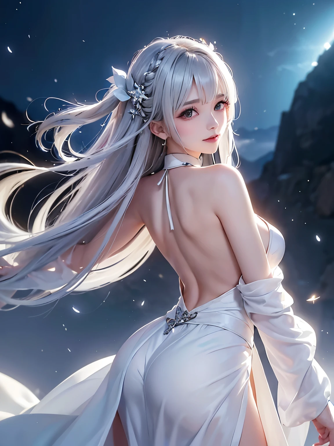 ((alone、A woman wearing a long halter dress、Elegant woman posing:1.4、Detailed face、Bright expression、Younger, brighter, whiter skin、Best Looks、The ultimate beauty、Silver hair with dazzling highlights、Shiny bright hair,、arranged hairstyle:1.2、髪がWindで踊る、A little bit of sideboob is visible))(night、Wind、nightのロンドン、幻想的なWind景、Particles of light、White Dust、Dust flutters)
