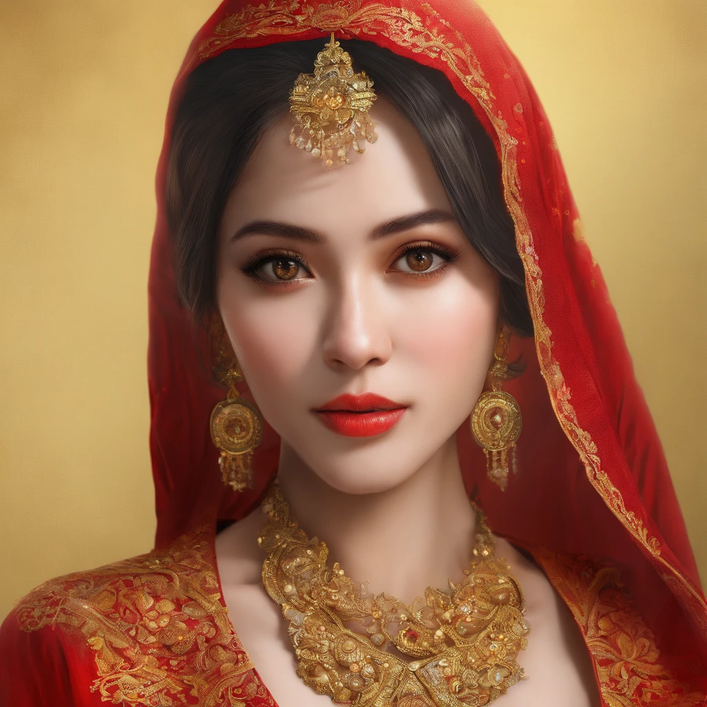 1 beautiful woman, beautiful eyes, beautiful red lips, white skin, wearing a typical Indonesian kebaya dress, bright red dress embroidered with gold thread, thin and soft yellow cloth shawl on her shoulders, hijab style, background, soft yellow light, realistic, uhd,8k