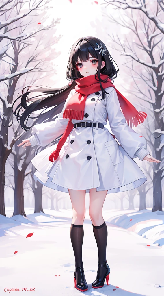 Unparalleled beauty,beautiful facial features,make up,blush blush,(long black hair,White down jacket,red scarf),High heel,(Fuyuhime love song,plane trees,Snowflakes flying,Snow White),real,modern,Portrait Photos,close to camera,Depth of Field,standing posture