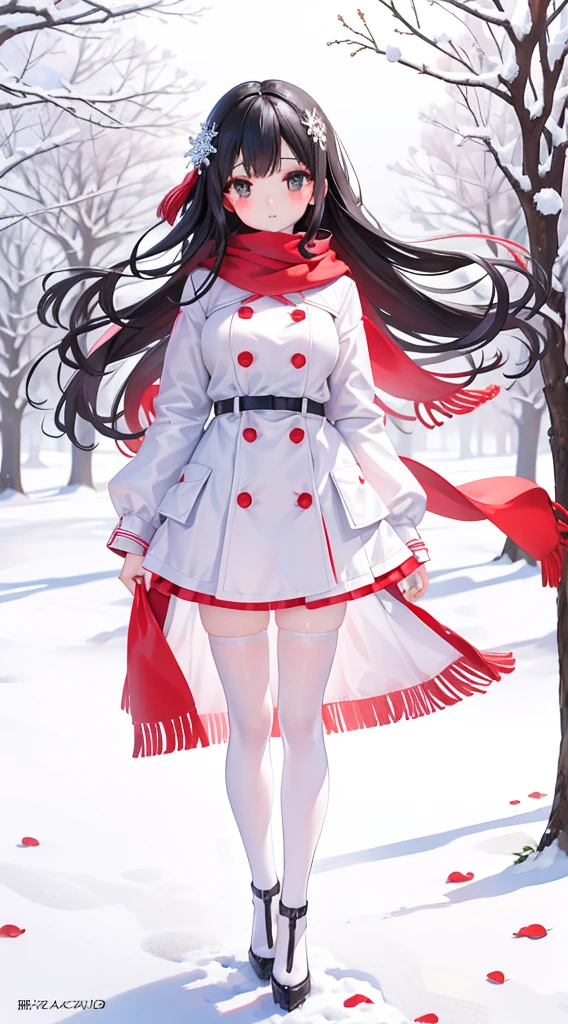 Unparalleled beauty，beautiful facial features，make up，blush blush，（long black hair，White down jacket，red scarf），High heel，（Fuyuhime love song，plane trees，Snowflakes flying，Snow White），real，modern，Portrait Photos，close to camera，Depth of Field，standing posture