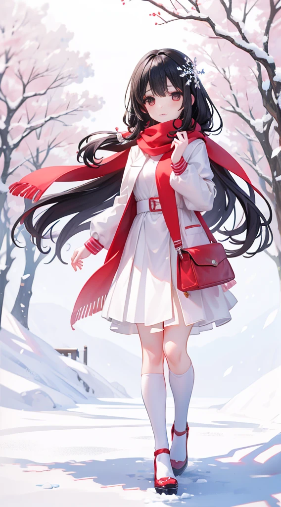 Unparalleled beauty，beautiful facial features，make up，blush blush，（long black hair，White down jacket，red scarf），High heel，（Fuyuhime love song，plane trees，Snowflakes flying，Snow White），real，modern，Portrait Photos，close to camera，Depth of Field，standing posture