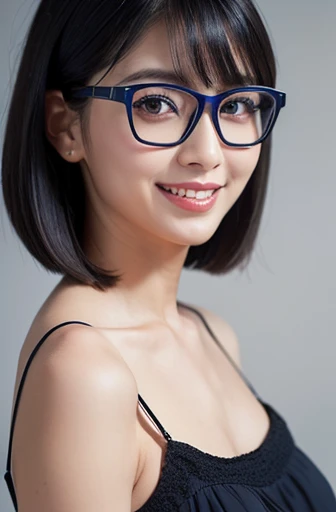 (masterpiece), (8k, best quality, high resolution), (ultra-detailed, realistic), (anatomically correct),
((face close-up)), (Standing), (No background),
(1woman), (looking at viewer),
(A Japanese woman, 30 years old and 155cm tall.),
(black hair), (straight hair), (short hair style), (bob cut), (hair behind ears),
(wear glasses), ((black cell frame glasses)),
((Wear a navy blue spaghetti strap dress)), (Mini length dress with simple design),
(Create a detailed image of the eye),
(Her impression is pure, clean and kind.),
((A captivating smile, just showing a few teeth.)),