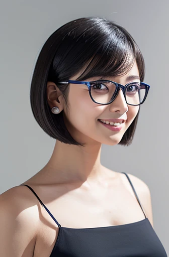 (masterpiece), (8k, best quality, high resolution), (ultra-detailed, realistic), (anatomically correct),
((Portrait)), (Standing), (No background),
(1woman), (looking at viewer),
(A Japanese woman, 30 years old and 155cm tall.),
(black hair), (straight hair), (short hair style), (bob cut), (hair behind ears),
((she wears glasses with black cell-frame frames)),
((Simple design navy blue mini length spaghetti strap dress)),
(Create a detailed image of the eye),
(Her impression is pure, clean and kind.),
((A captivating smile, just showing a few teeth.)),