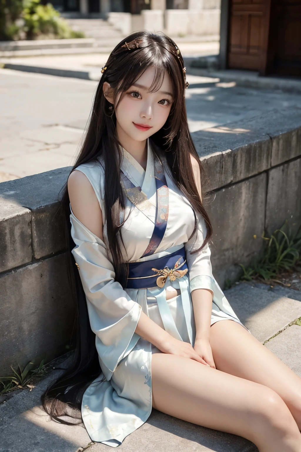 ((high-level image quality))、(Like a shot with an SLR)、beautiful a girl, ((glamour sensual body))、 Beautiful legs, ((traditional 2pieces hanfu)), take a slit in the clothes on the thigh、fantasy background, sitting, navel exposed, little smile, (light is in front of the girl), ((bright shiny face without shadows))
,Place both hands between your legs