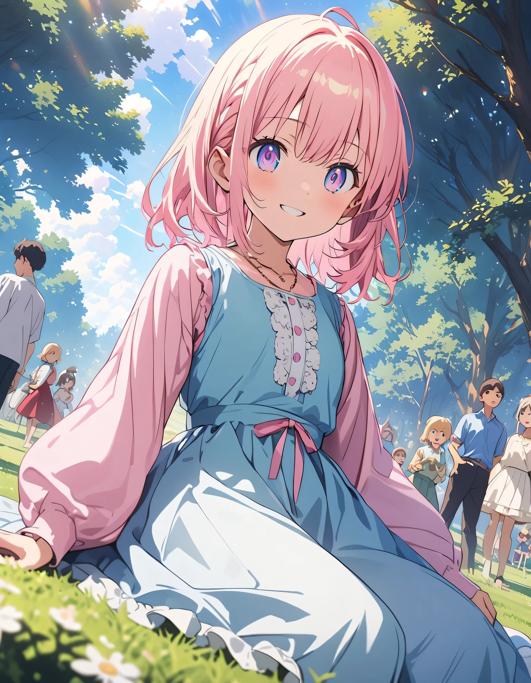 masterpiece, highest quality, ((anime)), 4K,8k,anime style, super fine illustration, highly detailed, dynamic angle, beautiful detailed, 8k, In the park during the day, there's an expansive lawn and tall trees. Children run around, playing with smiles on their faces. Nearby, adults lie down, smiling as they watch over the children,(highest quality、masterpiece、High resolution、detailed)、anime style、Flat Style、(Beautiful Eyes, Delicate and beautiful face, ), BREAK,、extremely detailed、High saturation,Dynamic Angle、anime