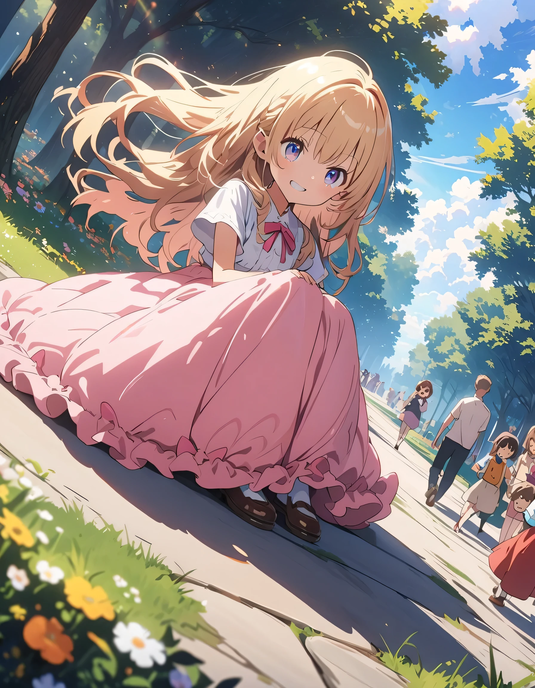 masterpiece, highest quality, ((anime)), 4K,8k,anime style, super fine illustration, highly detailed, dynamic angle, beautiful detailed, 8k, In the park during the day, there's an expansive lawn and tall trees. Children run around, playing with smiles on their faces. Nearby, adults lie down, smiling as they watch over the children,(highest quality、masterpiece、High resolution、detailed)、anime style、Flat Style、(Beautiful Eyes, Delicate and beautiful face, ), BREAK,、extremely detailed、High saturation,Dynamic Angle、anime