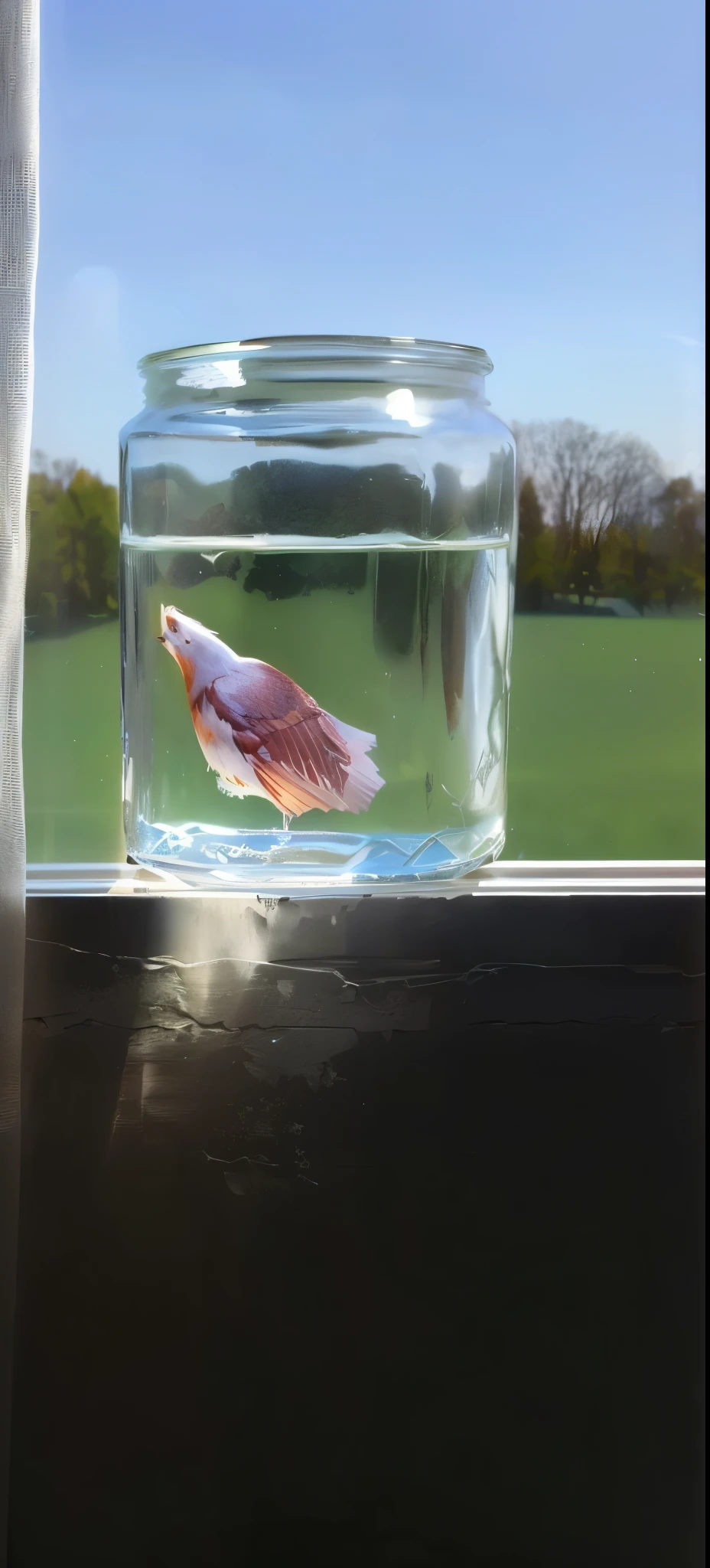 There is a glass jar on the windowsill,There's a fish in it, Betta, Superrealisticart, Superrealisticart, floating goldfish, Surreal photos, Ultra Realistic Photo, Hyper realistic acrylic painting, Surreal picture, Albino Mystic, Surreal photos, surreal reflection, Surreal photos, high quality photorealism, Superrealisticart, Surreal photography
